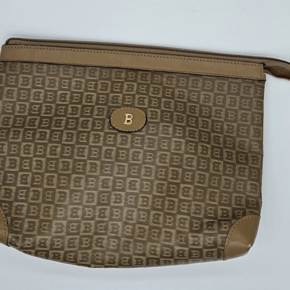 Bally Brown Toiletry Bag with Geometric Monogram Pattern